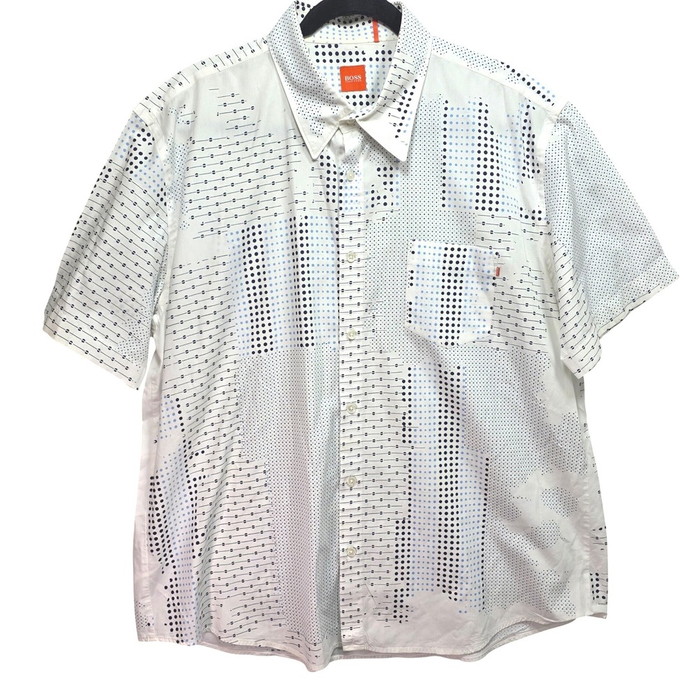 Hugo Boss Orange‎ Label Mens Shirt 2XL White Blue Geometric Dot Print Preppy